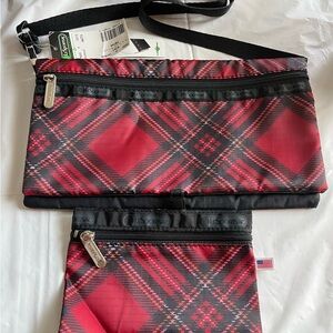 Lesportsac 2 Ways KIKI Bag Red Tartan and Solid Black #7600Set 2Pcs-NWT Vintage